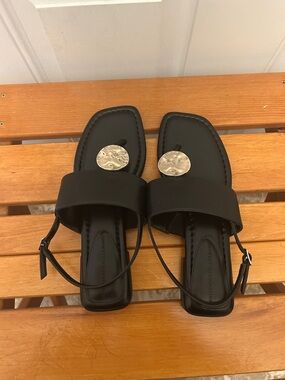 White House Black Market Black Sandals with Silver Medallion Accent Size 7.5